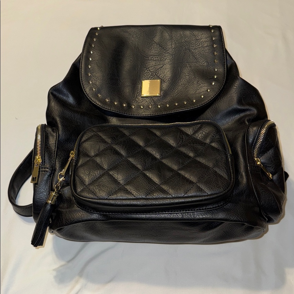 Black Vegan Leather with Gold Studs Backpack Rucksack NWT Multi-pocket
